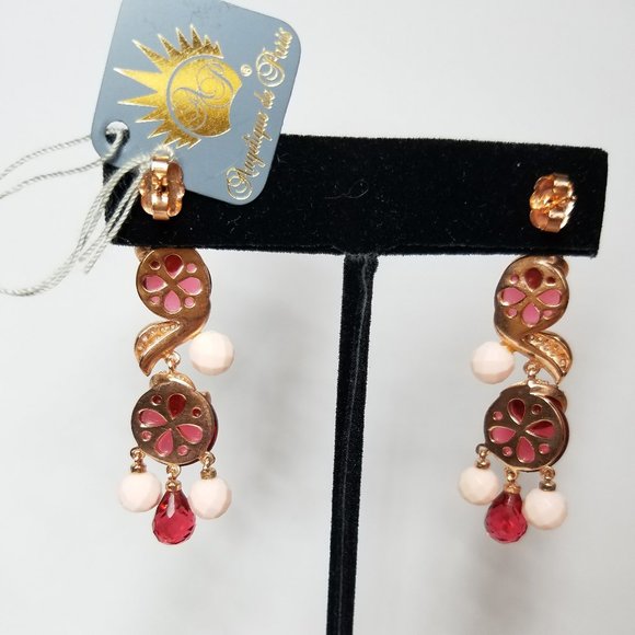 Angelique De Paris Women's Gold Plated Set of Long Red Earrings and Ring Size 6 - Picture 5 of 16